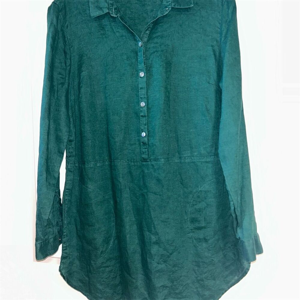 J.Jill Women's S Green Linen Tunic Blouse Long Sleeve Casual Top